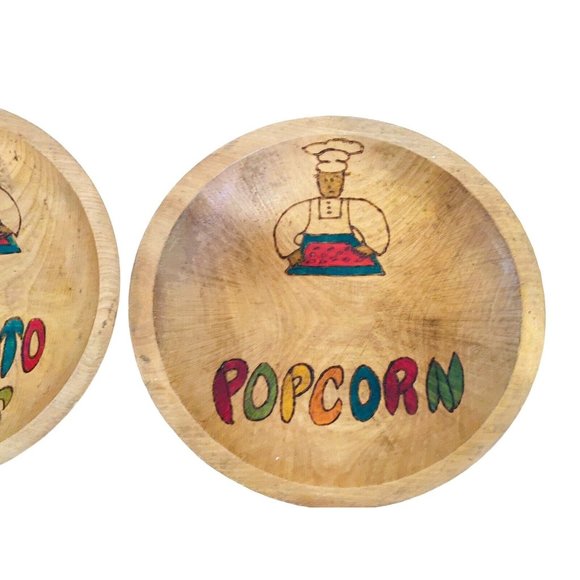 Vintage Wood Potato Chips Popcorn Wood Bowls Set of 2 Movie Night Party Theme - Picture 3 of 5